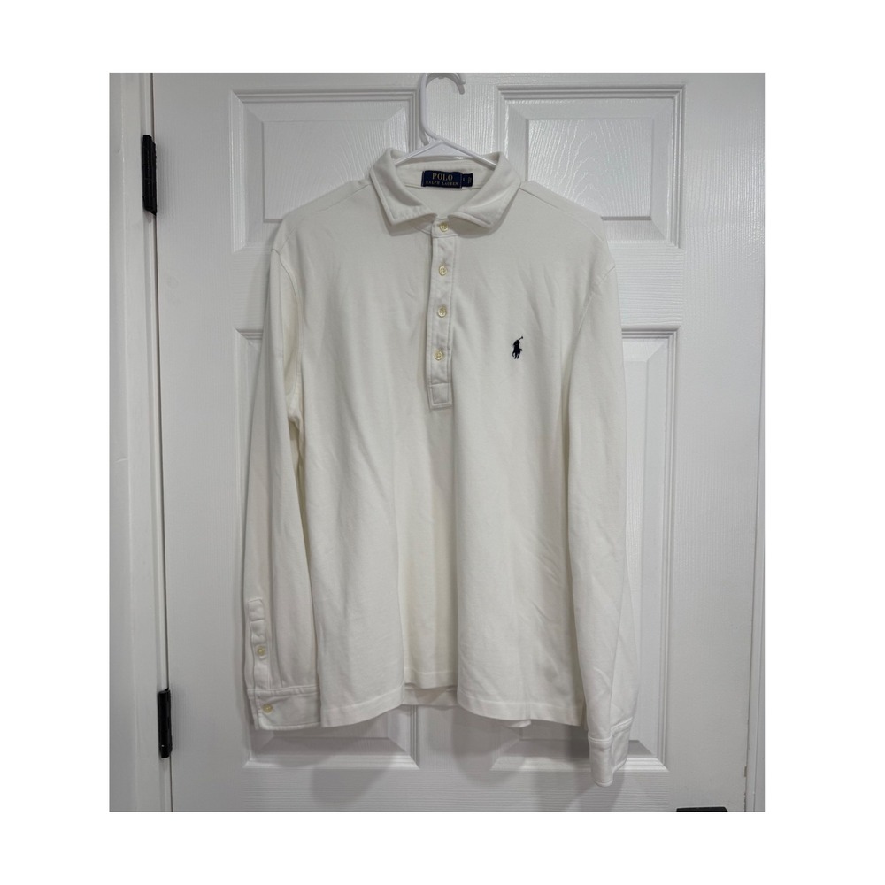 Polo Ralph Lauren Mens White Cotton Pique Long Sleeve Polo Shirt Large L Logo
